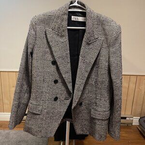 Zara grey plaid double-breasted blazer size L